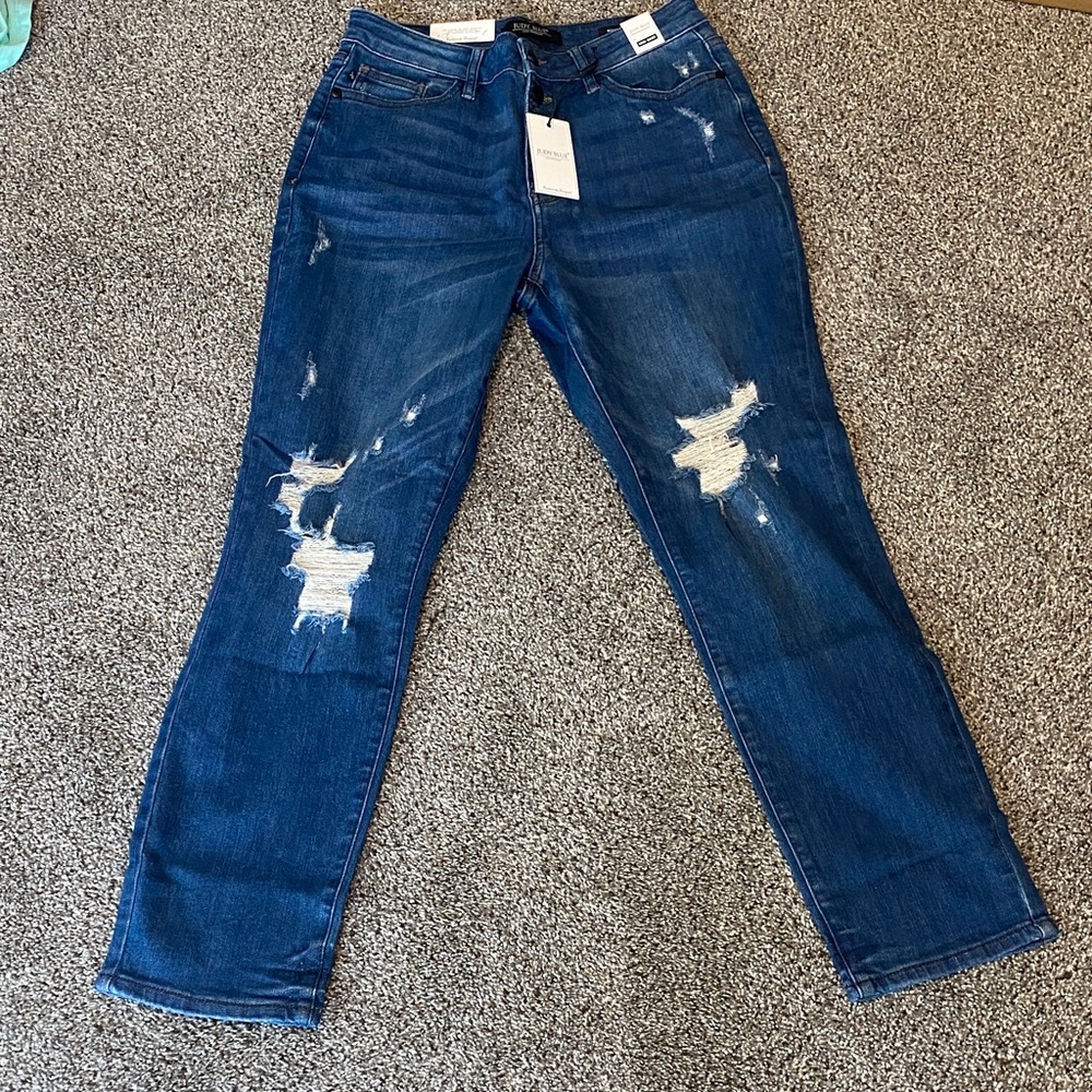 Judy Blue Highwaist Boyfriend Fit Distressed Straight Leg Jeans